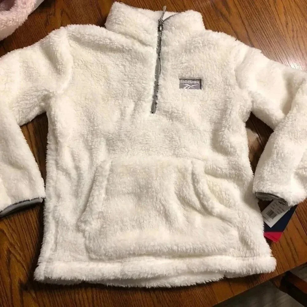 Girls large 14/16 Reebok fuzzy 1/4 zip pullover winter white grey activewear
